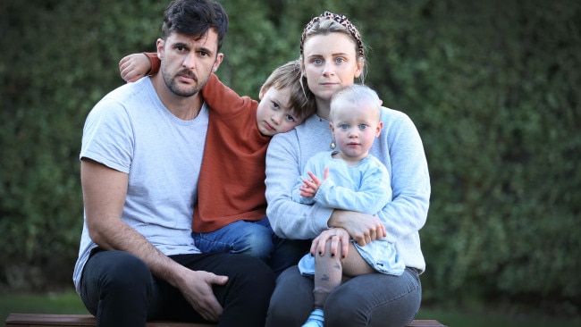 Georgie has advanced breast cancer and they wanted her mother, Katrina Anderson, to come from Sydney to help them but her travel permit application was denied. Georgie Hudson with her husband Kael Hudson and children Harry, 4, and Poppy, 2.                      Picture: NCA