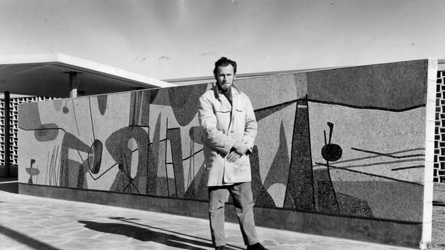 Polish-born Adelaide artist Joseph Stanislaus "Stan" Ostoja-Kotkowski with a mosaic mural made from his abstract design at ETA Foods Pty. Ltd. factory in Exeter Terrace, Devon Park, 29 Jun 1960. Picture: File