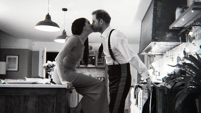 Prince Harry and Meghan Markle in a scene in their kitchen from Harry and Meghan. Picture: Netflix