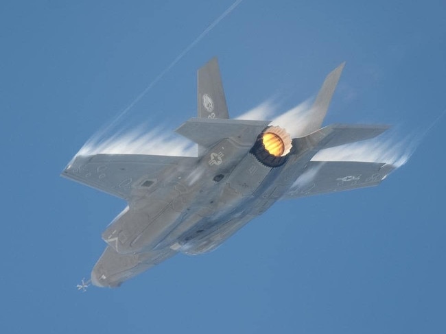 An F-35 undergoes transonic testing, producing shockwaves. The Pentagon stopped delivery of new aircraft last year when it found corrosion at the point where carbon fibre panels joined the aluminium airframe. Picture: US DoD