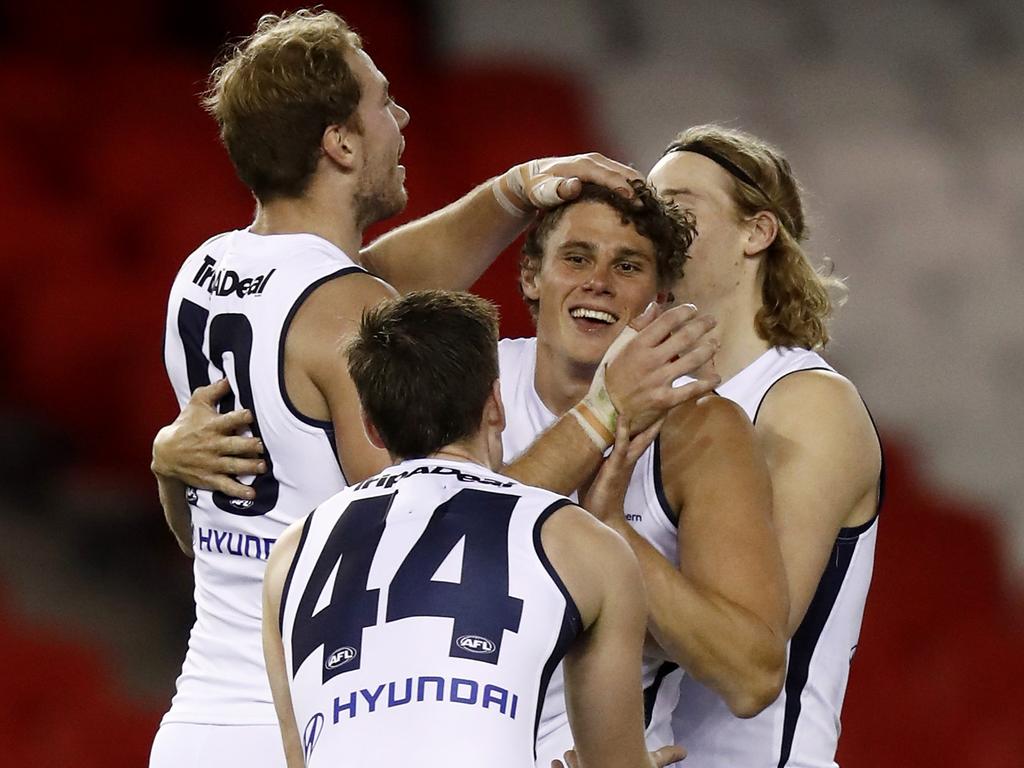 Carlton’s Charlie Curnow played his first game in over two years on Friday night. (Photo by Darrian Traynor/Getty Images)