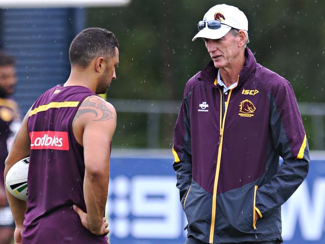 Benji Marshall and Wayne Bennett at Broncos training at Red Hill. Pic Annette Dew