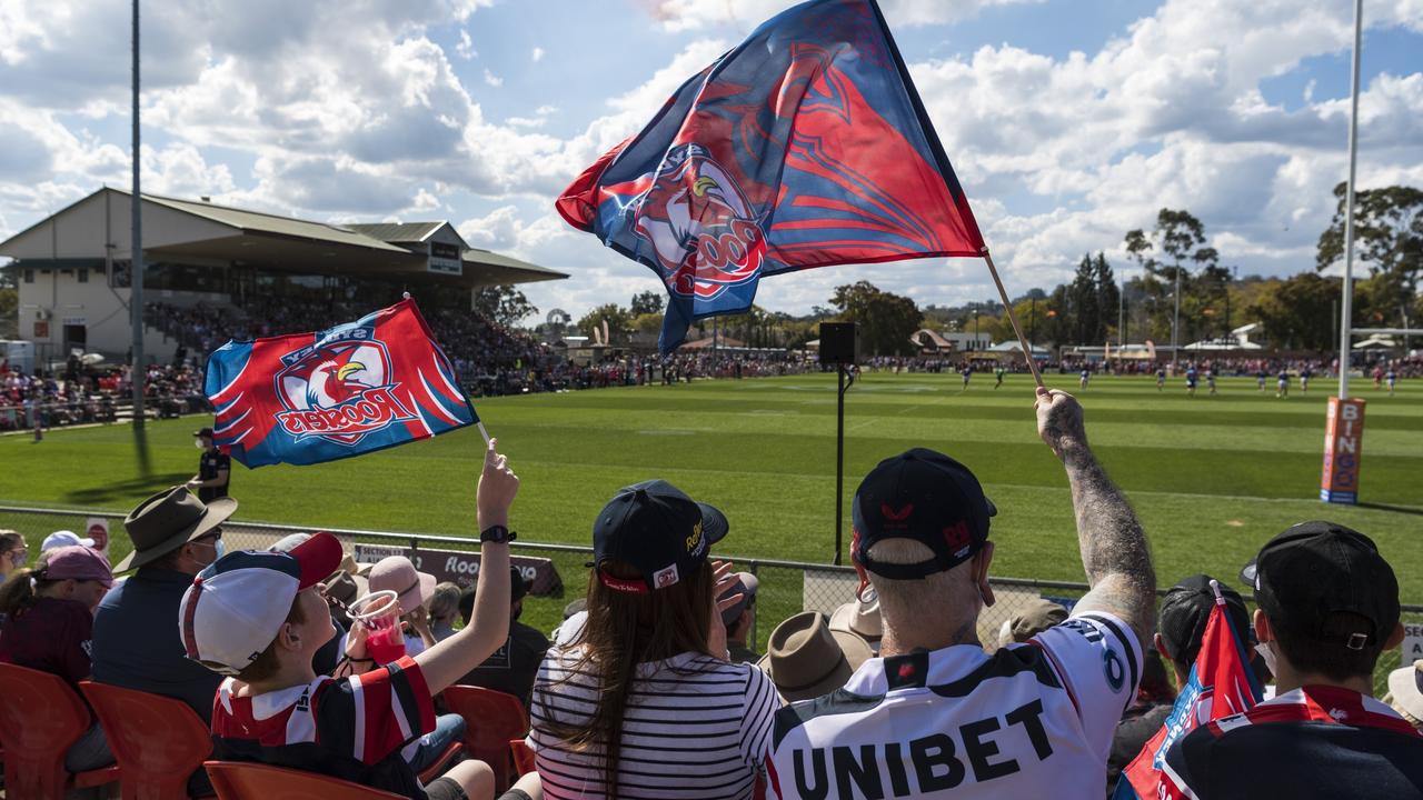 More than 7000 fans support their team when the Dragons take on the Roosters as Toowoomba hosts an NRL round at Clive Berghofer Stadium. Picture: Kevin Farmer