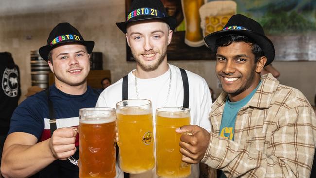 At Oktoberfest are (from left) Bayley Heaslip, Connor Roebuck and Lucas Dsouza at The Brewhouse, Saturday, October 22, 2022. Picture: Kevin Farmer