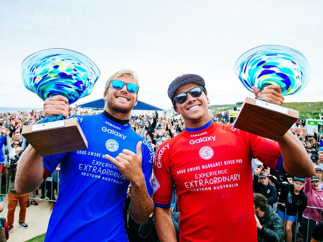 Winner Sebastian Zietz (blue) and runner up Julian Wilson after the Drug Aware Margaret River Pro.