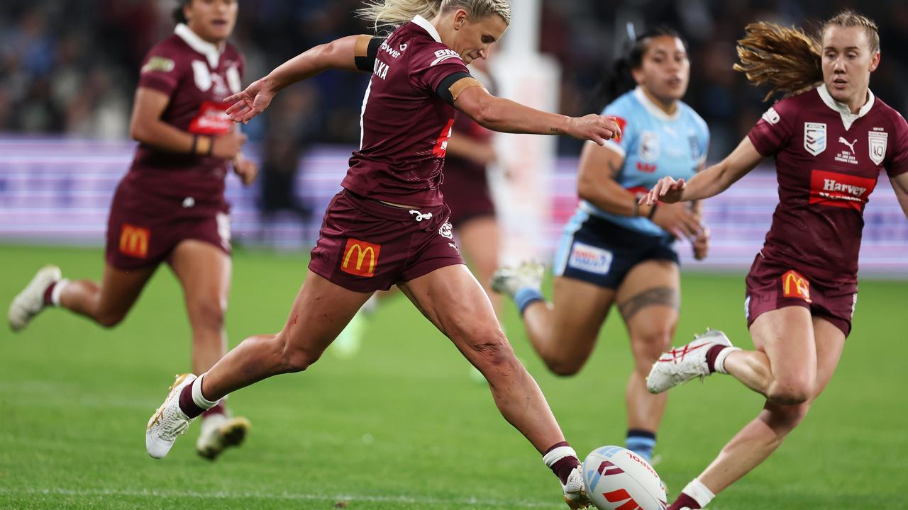 Shenae Ciesiolka of the Maroons kicks ahead during game one of the Women's State of Origin series between New South Wales and Queensland. Picture: Getty Images