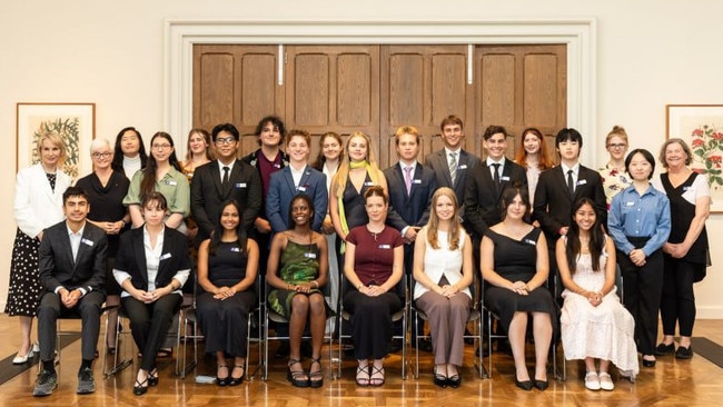 The 2025 Hansen Scholars with University of Melbourne Chancellor and Program patron Ms Jane Hansen (middle row, far left); University of Melbourne Vice-Chancellor Professor Emma Johnston (middle row, second left) and Program Director Dr Gayle Allan (back row, far right). Picture: Drew Echberg / Supplied.