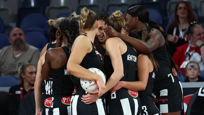 MELBOURNE, AUSTRALIA – MAY 14: The Magpies huddle during the round nine Super Netball match between Collingwood Magpies and Giants Netball at John Cain Arena on May 14, 2023 in Melbourne, Australia. (Photo by Graham Denholm/Getty Images)