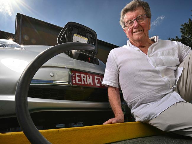 09/11/2021: Energy billionaire Trevor St Baker recharges his 4 year old Nissan Leaf with one of his companies made charging stations near his home in St Lucia, Brisbane. Trevor owns a one of the biggest charging station companies  in the world.  Lyndon Mechielsen/The Australian