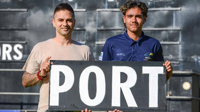 Port Adelaide great Peter Burgoyne and his son Jase, who is a father-son prospect this year. Picture: Brenton. Edwards