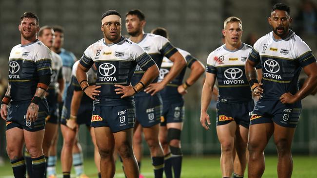 Cowboys players look on during the round-16 NRL match between the Cronulla Sharks and North Queensland at Netstrata Jubilee Stadium in Sydney on Saturday. Picture: Jason McCawley/Getty Images