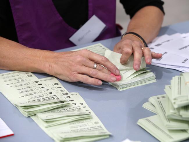 An electoral worker counts ballot papers. Picture: Alison Wynd