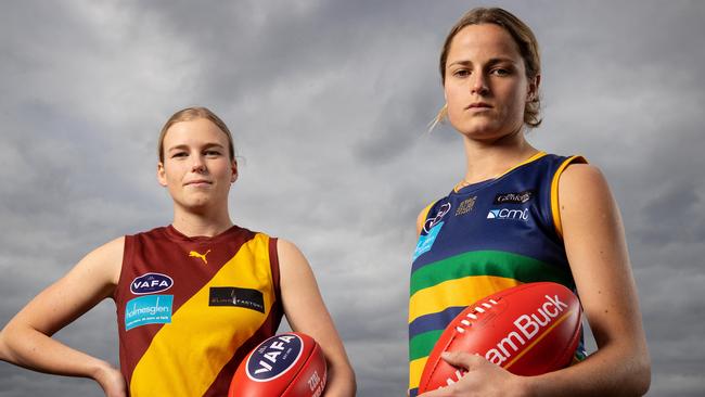 Opposing captains Isabelle Harding (Kew) and Sarah Cameron (St Kevins). Pic: Mark Stewart