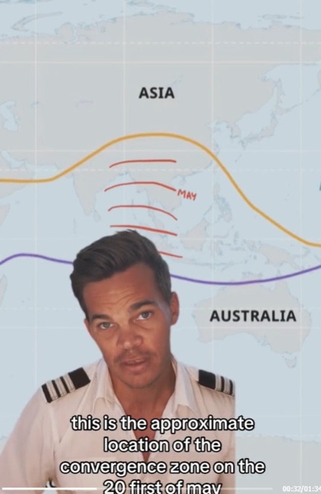 He showed the approximate location of the convergence zone on May 21, the day of the Singapore Airlines turbulence incident. Picture: TikTok/jimmy_nicholson