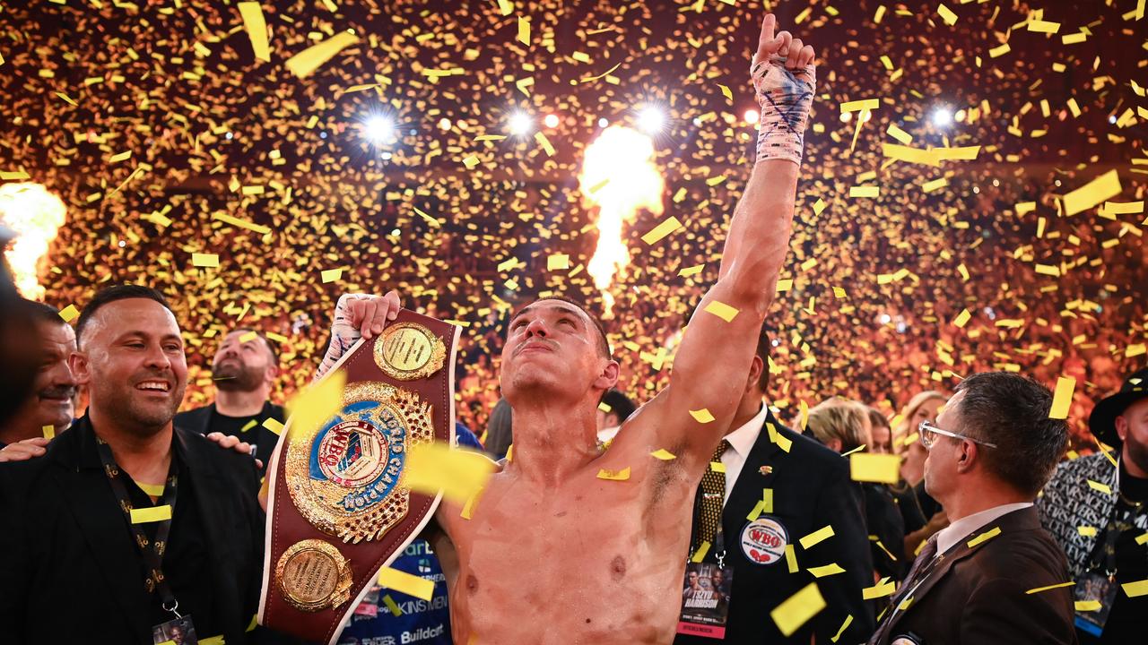 Tim Tszyu celebrates his crowning moment. Picture: No Limit Boxing/Gregg Porteous