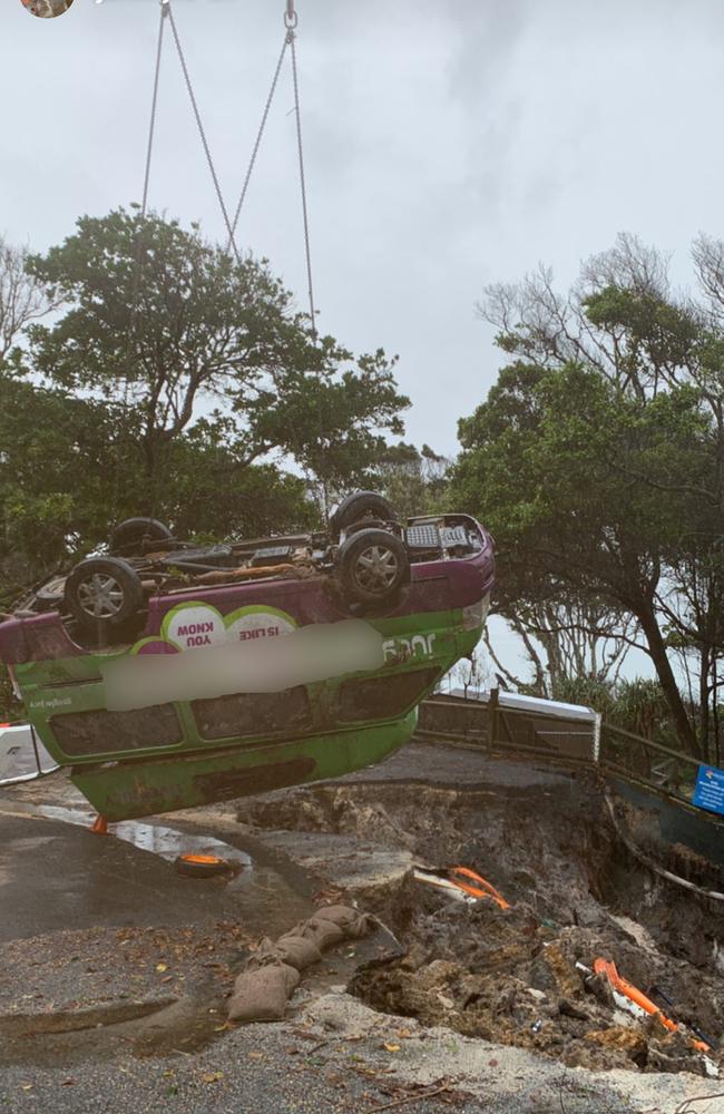 The campervan had to be craned out of a sinkhole at near Byron Bay.