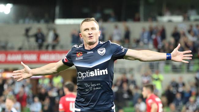 Besart Berisha of the Victory celebrates after scoring his 50th for the club.