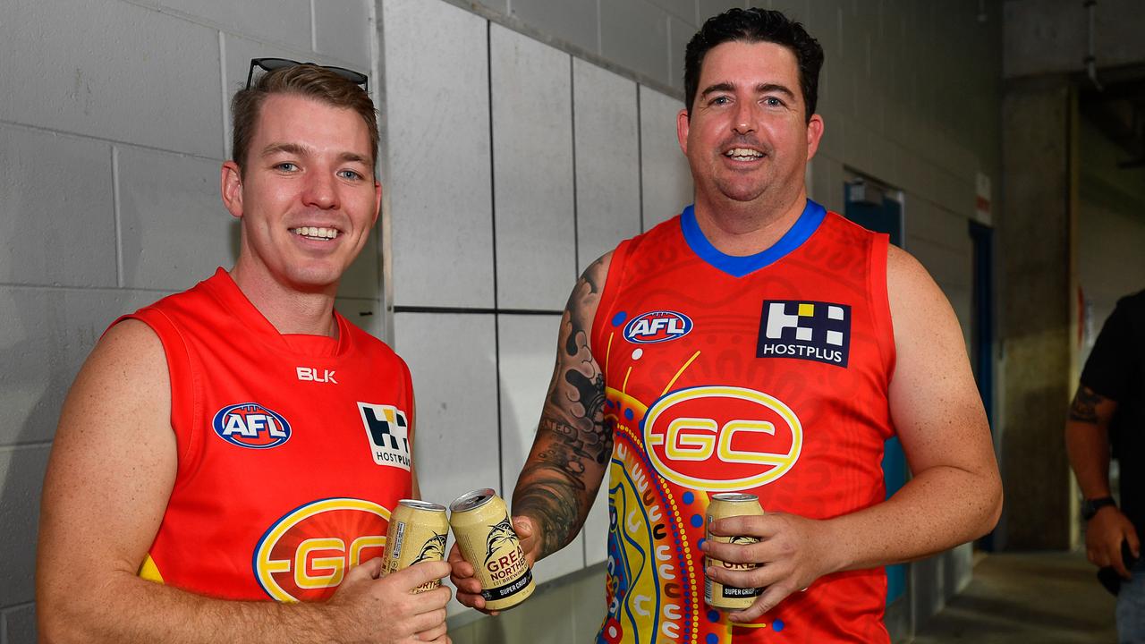 Bryce Brickley and Tristan Buisson at the Gold Coast Suns match vs Western Bulldogs at TIO Stadium. Pic: Pema Tamang Pakhrin