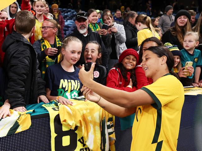 SYDNEY, AUSTRALIA - SEPTEMBER 06:  Sam Kerr of the Matildas interacts with fans after the International Friendly Match between the Australia Matildas and Canada at Allianz Stadium on September 06, 2022 in Sydney, Australia. (Photo by Matt King/Getty Images)