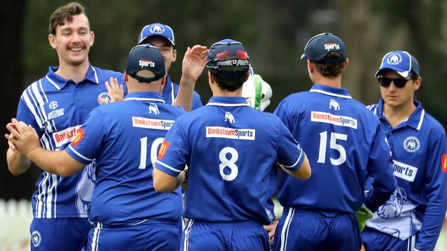 Liam Marshall (left) celebrates a wicket. Picture: Jeremy Ng