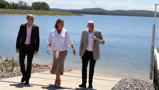 Hunter Water Executive Drought Lead Darren Cleary, NSW Minister for Water Melinda Pavey and Hunter Water Acting CEO Graham Wood at Grahamstown Dam. Photo: supplied.