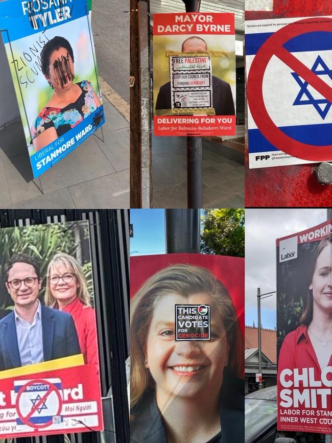 Signs supporting Inner West Council candidates, including incumbent mayor Darcy Byrne, have been vandalised, some with anti-Semitic graffiti. Picture: Supplied