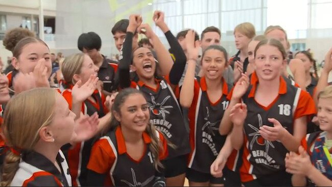 The Benowa State High School Year 8 girls team celebrates after their triumph in the Australian Volleyball Schools Cup in December. Picture: Volleyball Australia