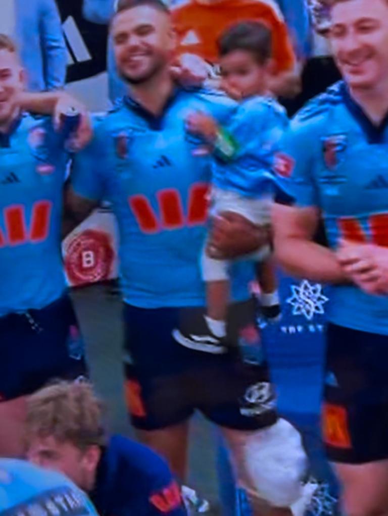 Latrell Mitchell was spotted with an ice pack on his left knee after the Origin opener on Wednesday night