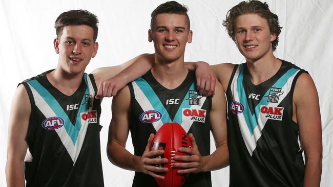 2018 AFL Draft at Marvel Stadium, Melbourne. Port Adelaide trio Zak Butters, Connor Rozee and Xavier Duursma. Pic: Michael Klein