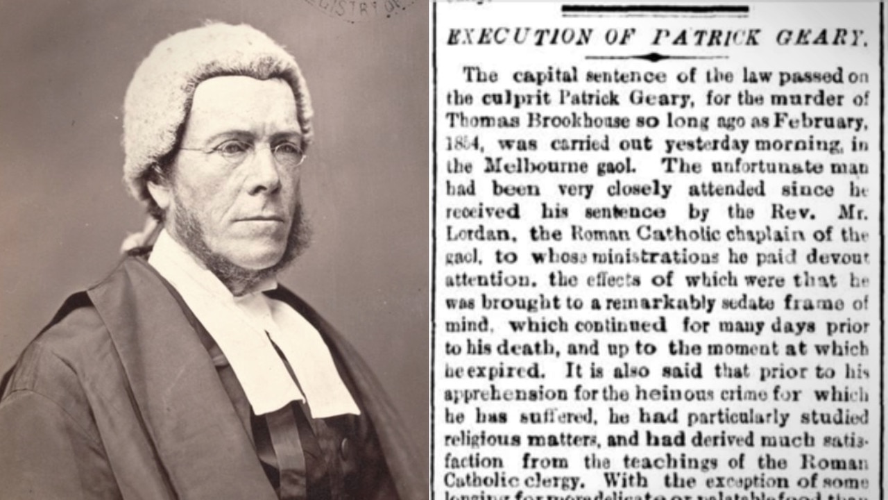 Judge Robert Pohlman, who sentenced Geary to death in 1871, and a newspaper article about the execution. Pictures: State Library of Victoria, Trove