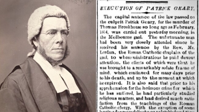 Judge Robert Pohlman, who sentenced Geary to death in 1871, and a newspaper article about the execution. Pictures: State Library of Victoria, Trove