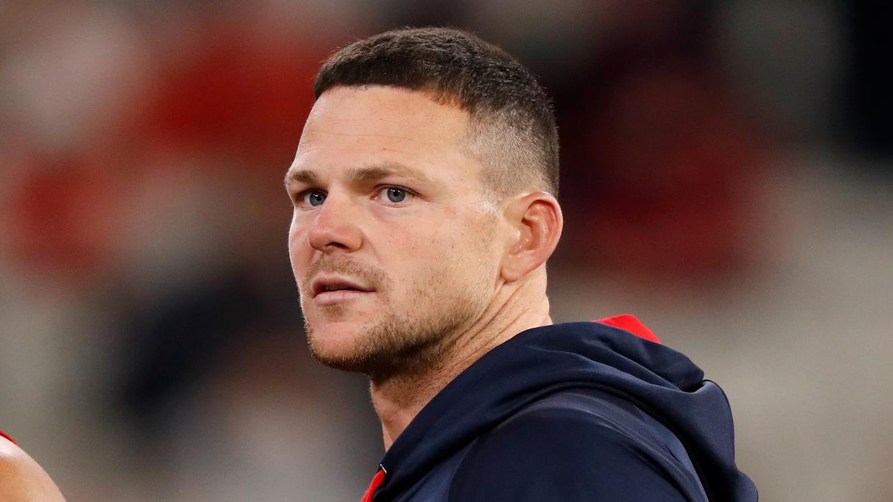 MELBOURNE, AUSTRALIA - MAY 28: Steven May of the Demons looks on during the 2022 AFL Round 11 match between the Narrm Demons and the Fremantle Dockers at the Melbourne Cricket Ground on May 28, 2022 in Melbourne, Australia. (Photo by Dylan Burns/AFL Photos via Getty Images)