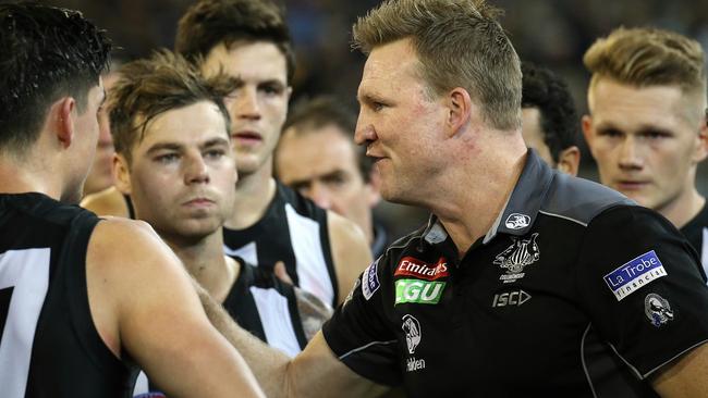 Nathan Buckley delivered an almighty spray at quarter-time against Hawthorn and it sparked his players into action. Picture: Wayne Ludbey