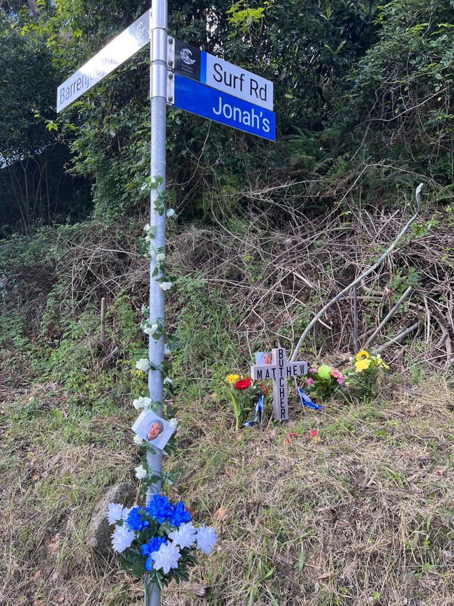 A memorial set up by the family of Matthew Butcher, the Pagewood motorcyclist killed when he was struck by a furniture removal van driven by Adam Moule at Palm Beach in 2021. Picture; Supplied by Butcher family