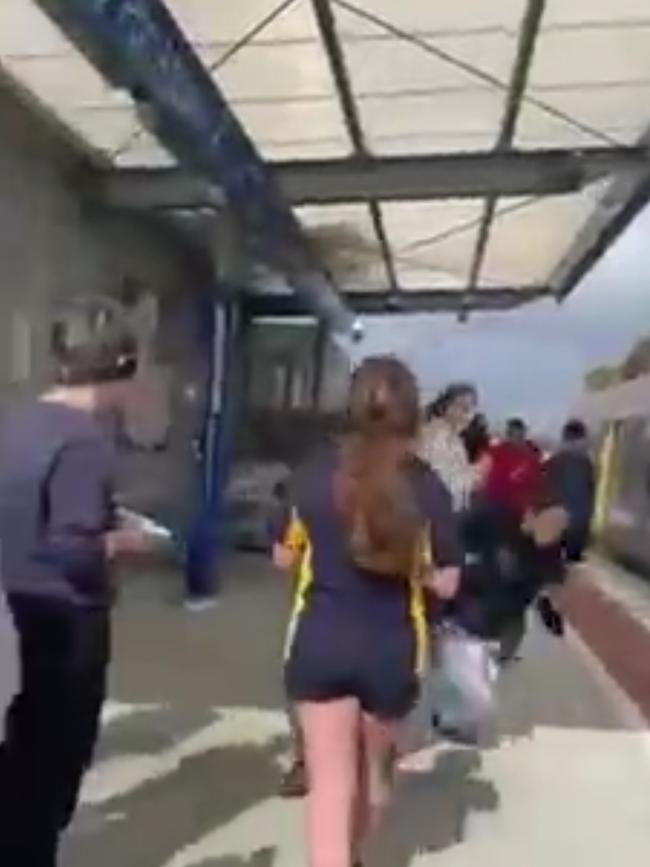 School students fight at Port Adelaide train station. Picture: Tom Huntley