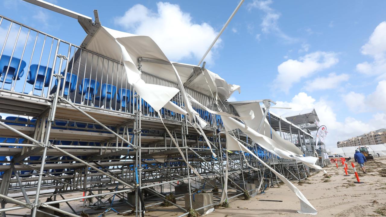 Storm damage to the Surf Lifesaving Championships at Glenelg. Picture: AAP / Russell Millard