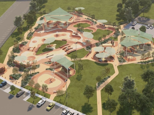 Artistic render of proposed $11.6m regional Skate and Play Precinct at Newland Park, Alice Springs. Picture: Playce