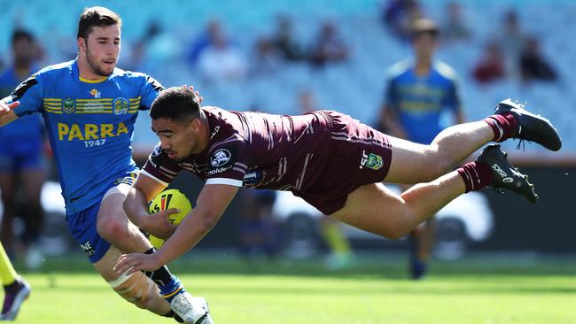 Manly's Keith Titmuss scores the winning try during the 2017 Holden Cup grand final against Parramatta. Picture: Brett Costello