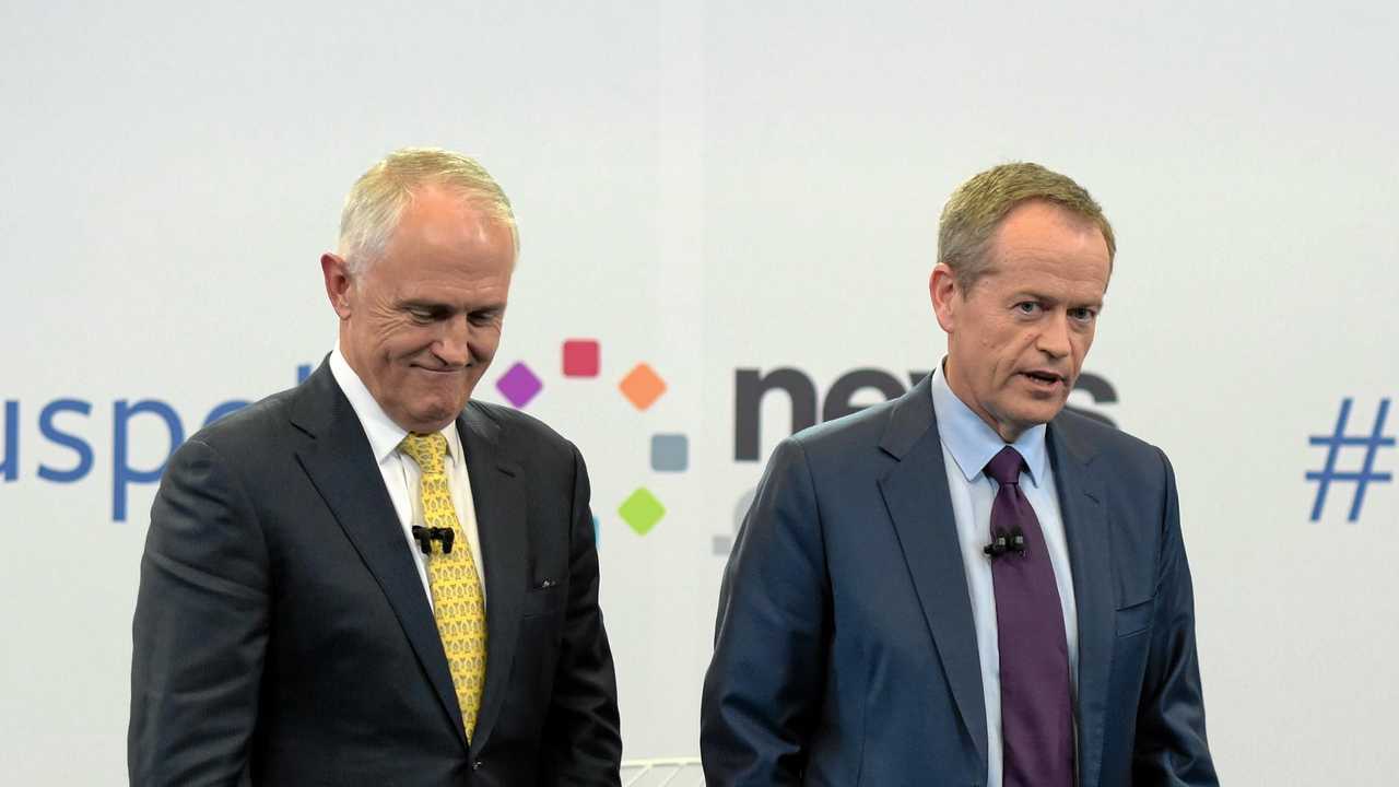 Australian Prime Minister Malcolm Turnbull and Australian Opposition Leader Bill Shorten react at the end of a leaders debate hosted by Facebook Australia and News.com.au in Sydney, Friday, June 17, 2016.  (AAP Image/Lukas Coch/POOL) NO ARCHIVING. Picture: LUKAS COCH