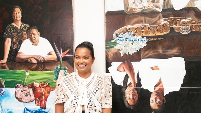 La Prairie Art Award recipient Marikit Santiago and her artworks 'A Seat at the Table (Magulang)' 2022 (Left) and 'A Seat at the Table (Kapatid)' 2022.