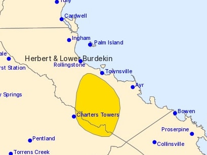 BOM issues severe thunderstorm warning for area between Charters Towers and Townsville.