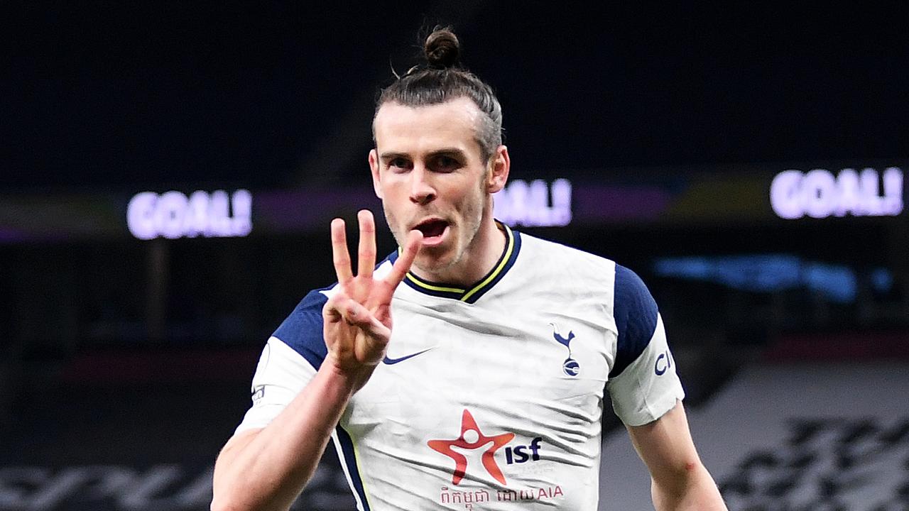 Gareth Bale of Tottenham Hotspur celebrates after scoring their side's third goal and his hat trick. (Photo by Shaun Botterill/Getty Images)