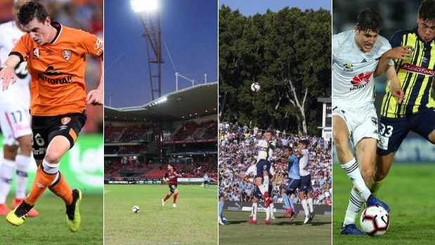 (l-r) Four A-League grounds and their pitch ratings out of five: Suncorp Stadium, Brisbane (2.83), Spotless Stadium, Sydney (1.67), Leichhardt Oval (2.50), Central Coast Stadium (3.10).