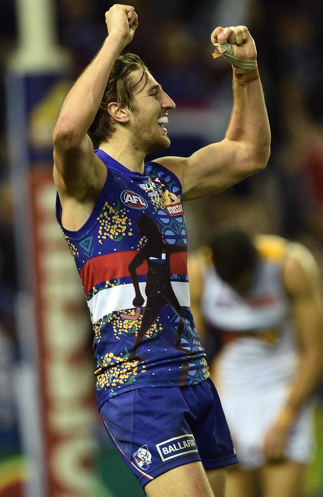 Marcus Bontempelli celebrates his first victory as captain. Picture: AAP