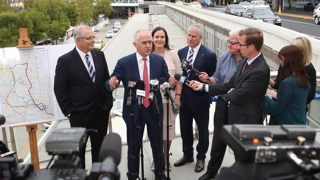 Malcolm Turnbull and his colleagues announce the $5 billion investment at Melbourne Airport. Picture: David Crosling/AAP