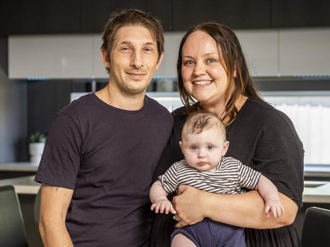 A list of 45 Melbourne suburbs have proven that home prices really do double every 10 years. The Scuruchi family from Frankston North are selling their house after property prices doubled. Reno and Hayley are joined by their 4 month old son Jayden. Picture: Jake Nowakowski