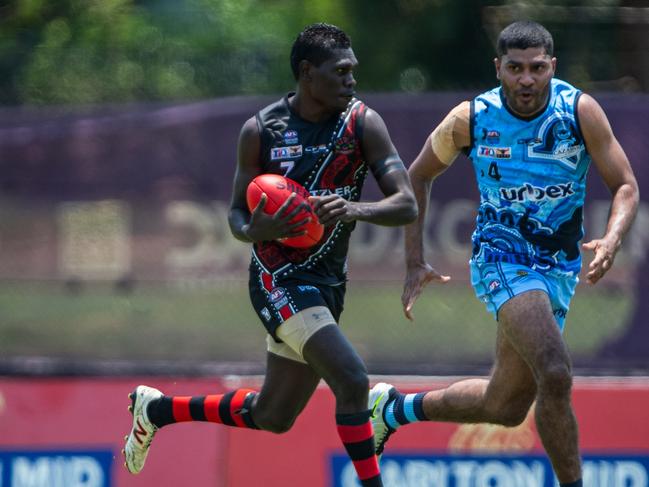 Michael Thompson playing for the Tiwi Bombers against the Darwin Buffaloes in Round 4 of the 2024-25 NTFL season. Picture: Pema Tamang Pakhrin