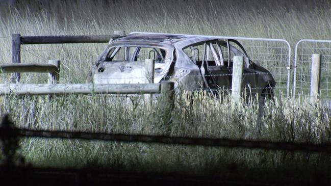 The burnt car at Cranbourne West after the tragic murder-suicide. Picture: ABC News