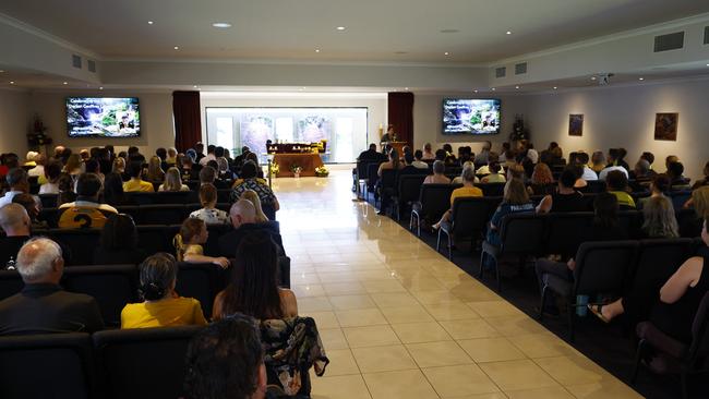 Hundreds of family and friends attend Heritage Brady Funerals at Gordonvale, Cairns, for the funeral of Declan Laverty. Mr Laverty, 20, was stabbed to death while working at a Darwin bottle shop. Picture: Brendan Radke