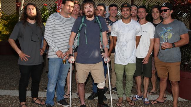 Shark attack victim Matt Lee and friends during a fundraiser organised at Shaws Bay Hotel, Ballina, NSW. Picture: Regi Varghese